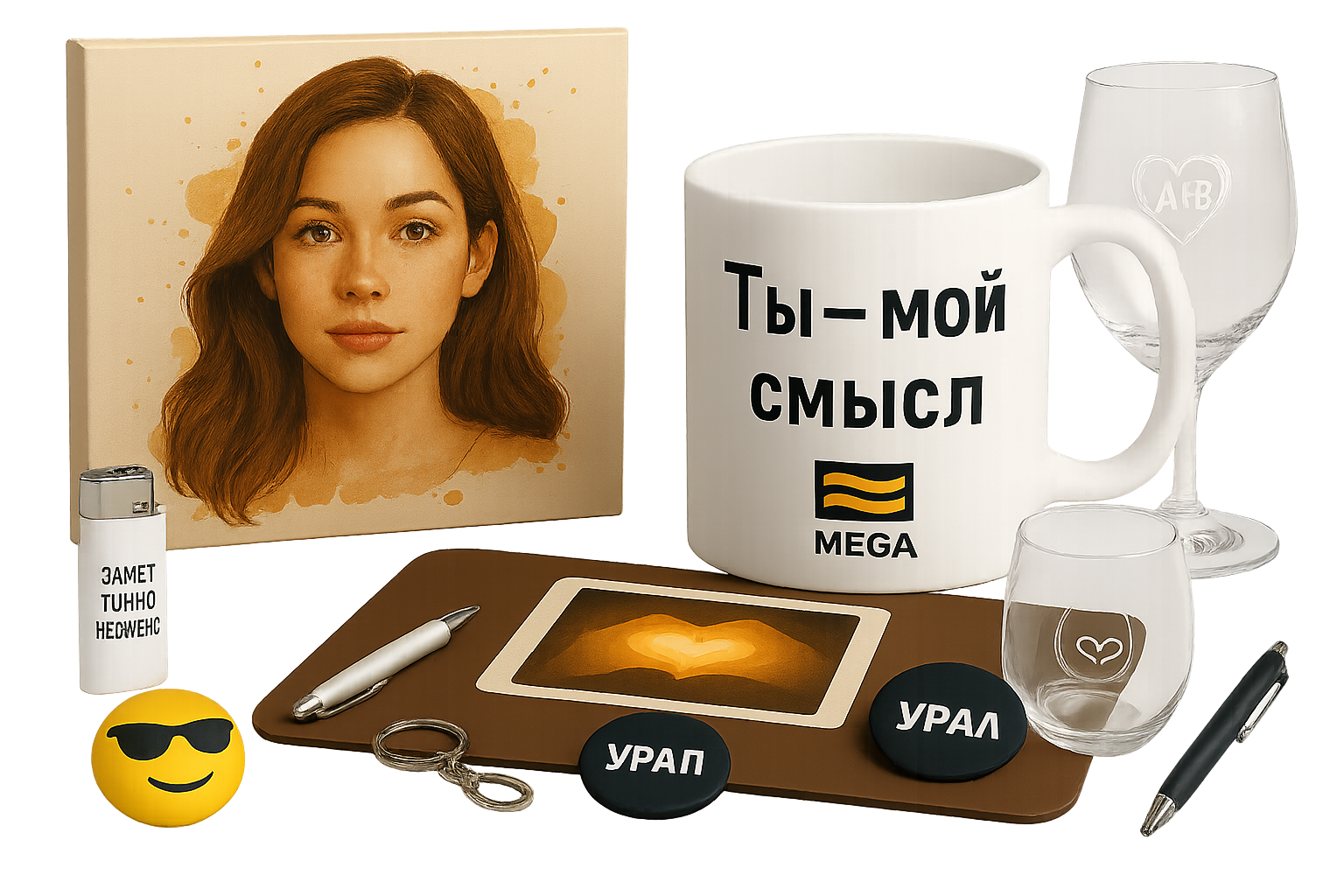 Подарки с идеей и смыслом Сувенирный набор Mega75: портрет на холсте, кружка с надписью, бокалы с гравировкой, зажигалка, брелок, значки, коврик для мыши и ручка