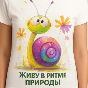 Футболка с принтом улитки и надписью Живу в ритме природы — бесплатная доставка по Чите, быстрая доставка по России